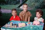 Boys, Train Cake Train, pond, girl, sister, brothers, siblings, shirts, 1961, 1960s