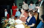 Men, Women, chairs, cake, candles, table, March 1983, 1980s