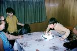 Boy, Blowing out Candles, Cake, Table, making a wish, tablecloth, curtains, March 1969, 1960s, PHBV03P07_05