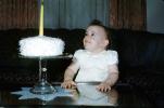 Girl, Smiles, Cake, Candle, First Birthday, 1950s