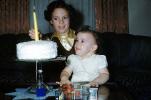 Girl, Smiles, Cake, Candle, First Birthday, Sister, Toddler, 1950s
