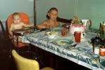 Boy, toddler, Pink Cake, Table, Plates, Brothers, Siblings, March 1955, 1950s, PHBV03P08_19