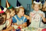 Girls, Hats, Party Dresses, Presents, Ribbon, 1950s