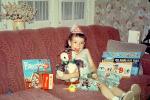 Birthday Girl with Presents, Hat, Sofa, owl, board games, couch, pillow, 5 years old, 1950s