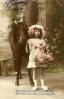 Happy Birthday Greeting, Girl with a flower basket, Horse, pony, RPPC, 1910