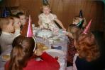 Girl ready to Blow Out Candles, Pointy Hats, paper plates, Cake, 1950s, PHBV04P03_07