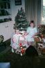 Brother, Sister, teddy bear, tree, decorations, presents, 1960s