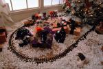 Railroad Tracks Train Set around the Christmas Tree, Decorated Tree, decorations, presents