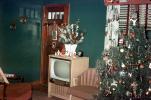Television, Flowers, Presents, Decorations, Ornaments, Tree, Christmas Tree decorated, 1950s