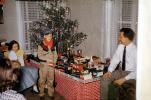 tiny tree, girl, boy, oiler, toy train, oilcan, village, Presents, Decorations, Ornaments, 1950s