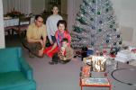 Metal tree, boy, son, mom, dad, brothers, toy train, tinsel tree, presents, Decorations, Ornaments, 1960s, PHCV03P10_06