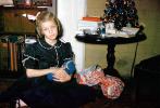 Girl, Presents, Gift, Tiny Tree, Table, tree, Decorations, Ornaments, 1940s