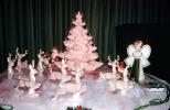 Tiny Tree, Small, Reindeer, Santa Claus, 1950s, Decorations, Ornaments, sled, cute, funny, pink tree, drapes, curtain