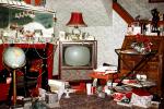 Television, Living room, presents, globe, lamp, mess, abundance, lampshade, 1960s