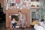 Father, Son, Tree, fireplace, cards, wicker chair, toys, 1950s
