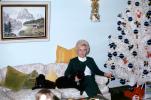 Woman, poodles, couch, Fake Tree, sofa, December 1972, 1970s