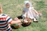 Girl with Bonnet, Backyard, Easter Basket, Lawn, Cute, toddler, Springtime, April 1965, 1960s, PHEV01P01_14