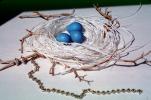 Blue eggs, paper nest, jewelry, twigs, PHEV01P03_06