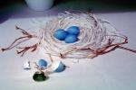 Silver Bird, perched, Green Jade Ring, Blue eggs, paper nest, jewelry, twigs, PHEV01P03_16