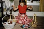 Little Girl with her Easter Baskets, Chocolate Duck, eggs, 1950s, PHEV01_09_03