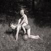 Girls, Sisters, Backyard, Piggy-back, Ball, smiles, smiling, cute, 1940s