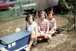 backyard train, Girls, Miniature Train, Riding, smiles, smiling, cute, Akron Ohio, September 1959, 1950s