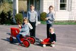 Tractor, Girls, Boys, Brothers, Sisters, Siblings, Cold, Jackets, Stockings, Smiles, Pedal Car, Hyspeed Wagon, April 1964, 1960s