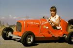 Girl, Smiles, Driving, Race Car, Russell Johnson Auto Painting, Pedal car, Hollywood California, 1950s
