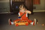 Little Girl Playing, Colorol Playskool Wagon, Television, Pant Suit, shoes, 1950s