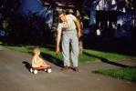 Little Boy on a Little pull Wagon, Dad, Son, 1950s
