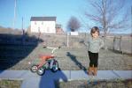 Cute Girl with Tricycle and shadow, house, sidewalk, 1960s