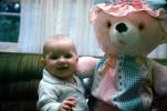 1960s, big teddy bear, smiles, baby, Toddler, PLPV05P08_17