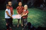 Boys, girl, Betsy Ross flag cake, backyard, July 1959, 1950s, PLPV16P11_10