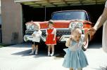 Girls, Boys, 1959 Ford Fairlane, dress, garage, car, 1950s