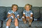 Two Cute Sisters Laughing, Matching Outfits, dresses, shoes, 1950s