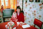 Television Rabbit Ears, Table, Daughter, Wallpaper, Flowery, 1960s