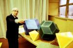Dodecahedron, Bucky preparing polyhedra models, "Conversations with Buckminster Fuller" event, Oakland, Polyhedra, POFV02P15_16