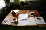 Working on Book Synergetics, drawings, polyhedra, table, tea, sketches, at Buckys home in Sunset Deer Isle, Maine
