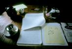 Working on Book Synergetics, drawings, polyhedra, table, tea, sketches, at Buckys home in Sunset Deer Isle, Maine