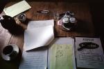 POV, Working on Book Synergetics, drawings, polyhedra, table, tea, sketches, at Buckys home in Sunset Deer Isle, Maine