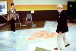 Buckminster Fuller on a huge Dymaxion Map, Being with Bucky event, Los Angeles, POFV04P01_04