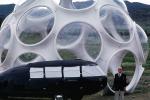 Buckminster Fuller and with Fly's Eye Dome and Dymaxion Car, Snowmass Colorado, Windstar Foundation, July 1980, 1980s, POFV04P13_10