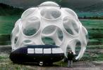 Buckminster Fuller and with Fly's Eye Dome and Dymaxion Car, Snowmass Colorado, Windstar Foundation, July 1980, 1980s, POFV04P13_11