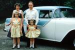 Mother, Father, Daughters, Oldsmobile Car, dresses, car, vehicle, automobile, 1950s, PORV13P01_15B