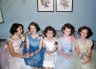 Girls, party dress, corsage, sofa, smiles, tween, cute, funny, 1940s, PORV25P06_03