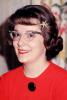 Girl, Woman, Face, Glasses, hairdo, Bangs, smiles, teeth, button, 1960s