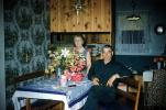 Dining Room, flowers, table, clock, woman, man, tablecloth, 1950s