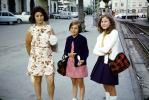 Girls, curb, sidewalk, tracks, smiles, smiling, skirts, dress, flowery, floral, 1960s, PORV27P06_10