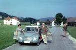 1958 Auto Union 1000 DKW, Audi, Minicar, village, houses, homes, road, highway, woman, man, Cars, vehicles, August 1961, 1960s, PORV28P09_08