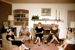 Women, Hats, Fireplace, Formal, Dress, Mantle, Candles, Lamp, Sofa, August 1960, 1960s, PORV29P14_13